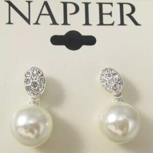 NAPIER Elegant Silver Pearl/Pave Crystal Drop Earrings**NEW!